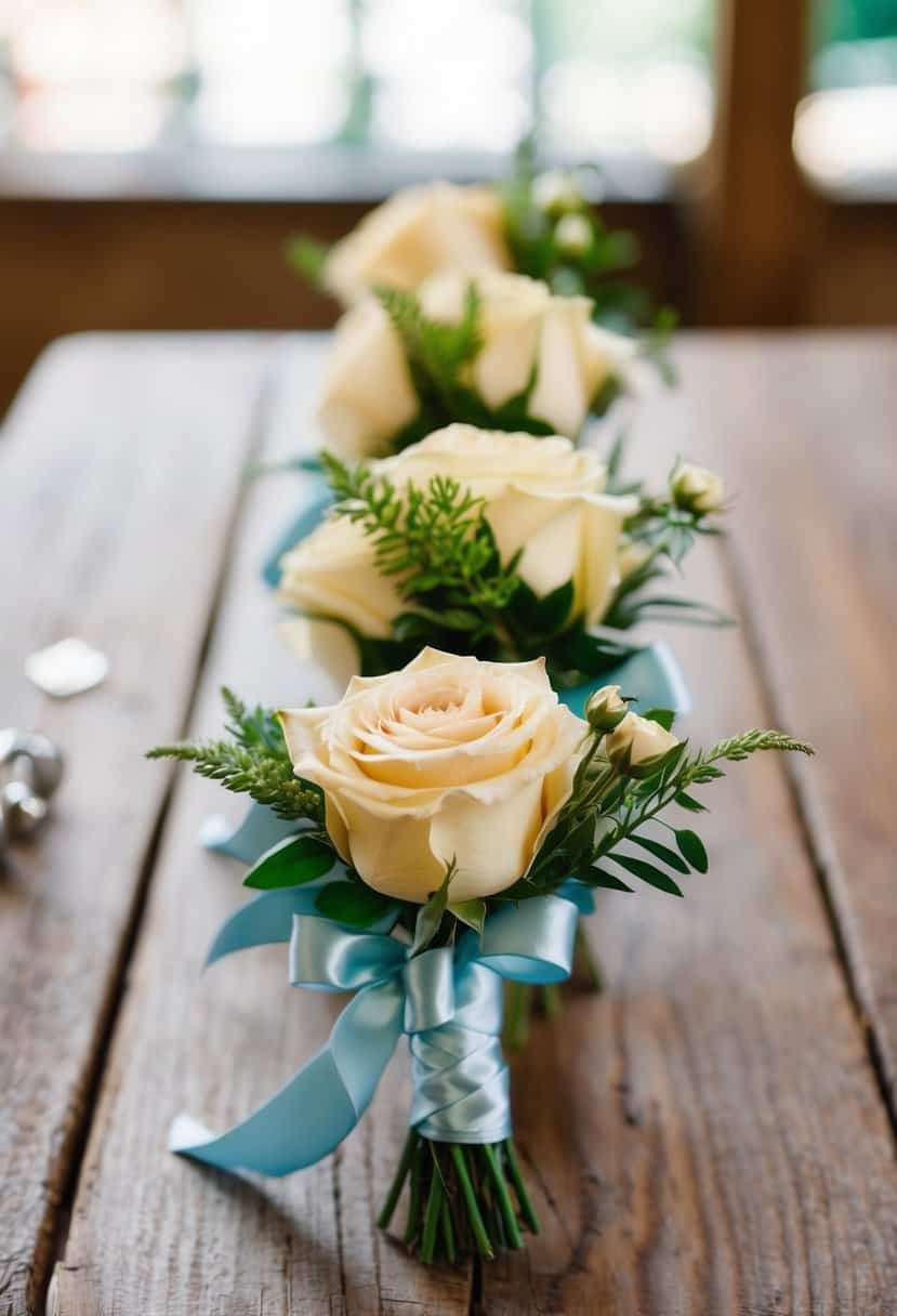 Powder blue and champagne rose boutonnieres arranged on a rustic wooden table