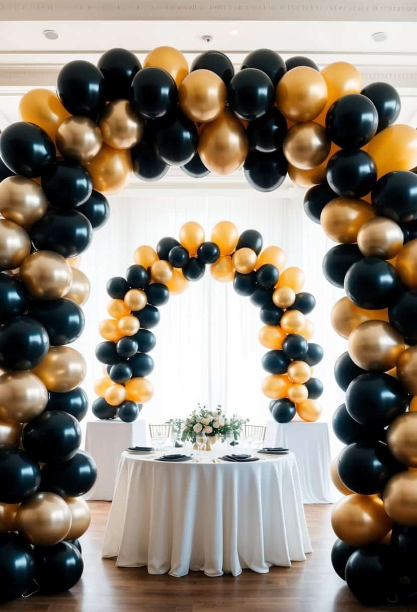 A grand balloon arch in black and gold, framing a wedding celebration