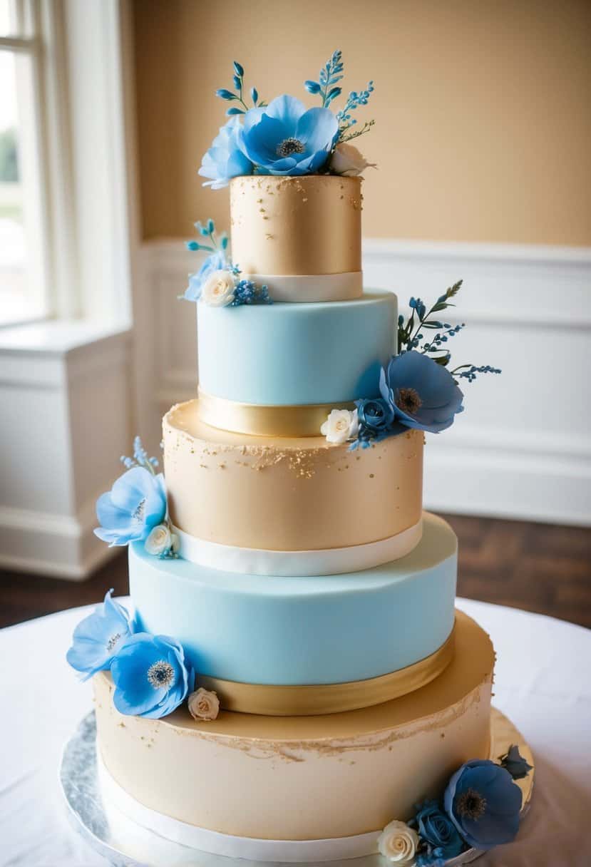 A three-tiered wedding cake with powder blue and champagne-colored icing, adorned with gold accents and delicate blue flowers