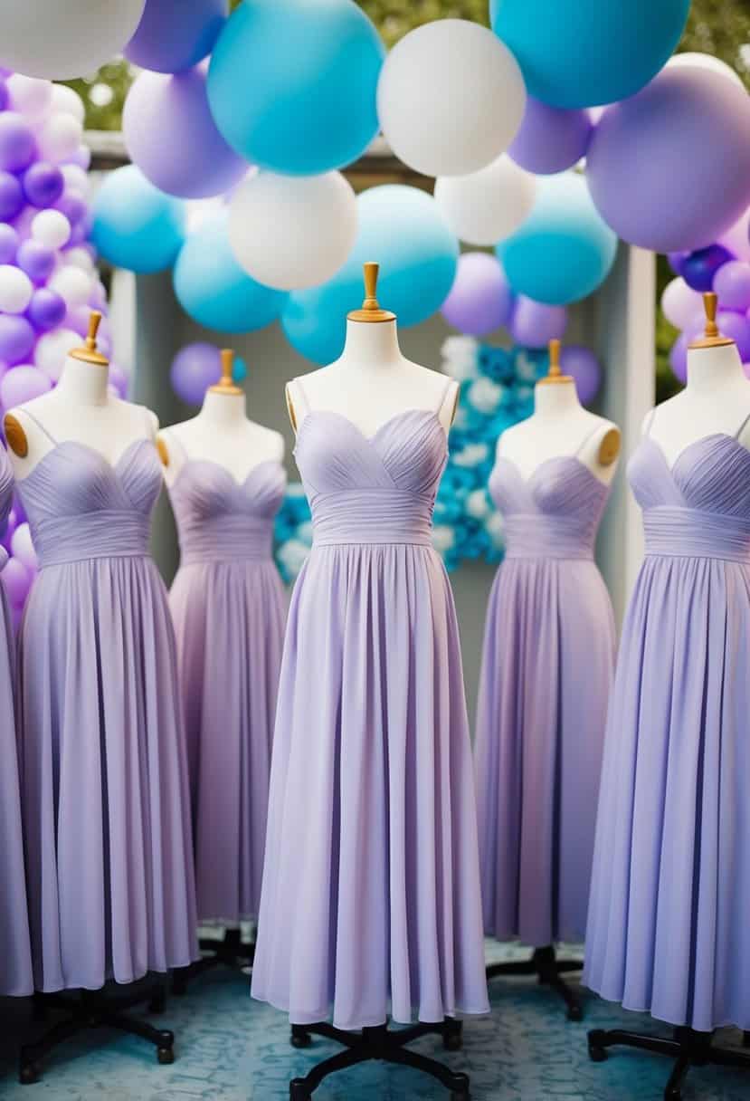 A group of mannequins dressed in lilac bridesmaid dresses, surrounded by light blue and purple wedding decorations