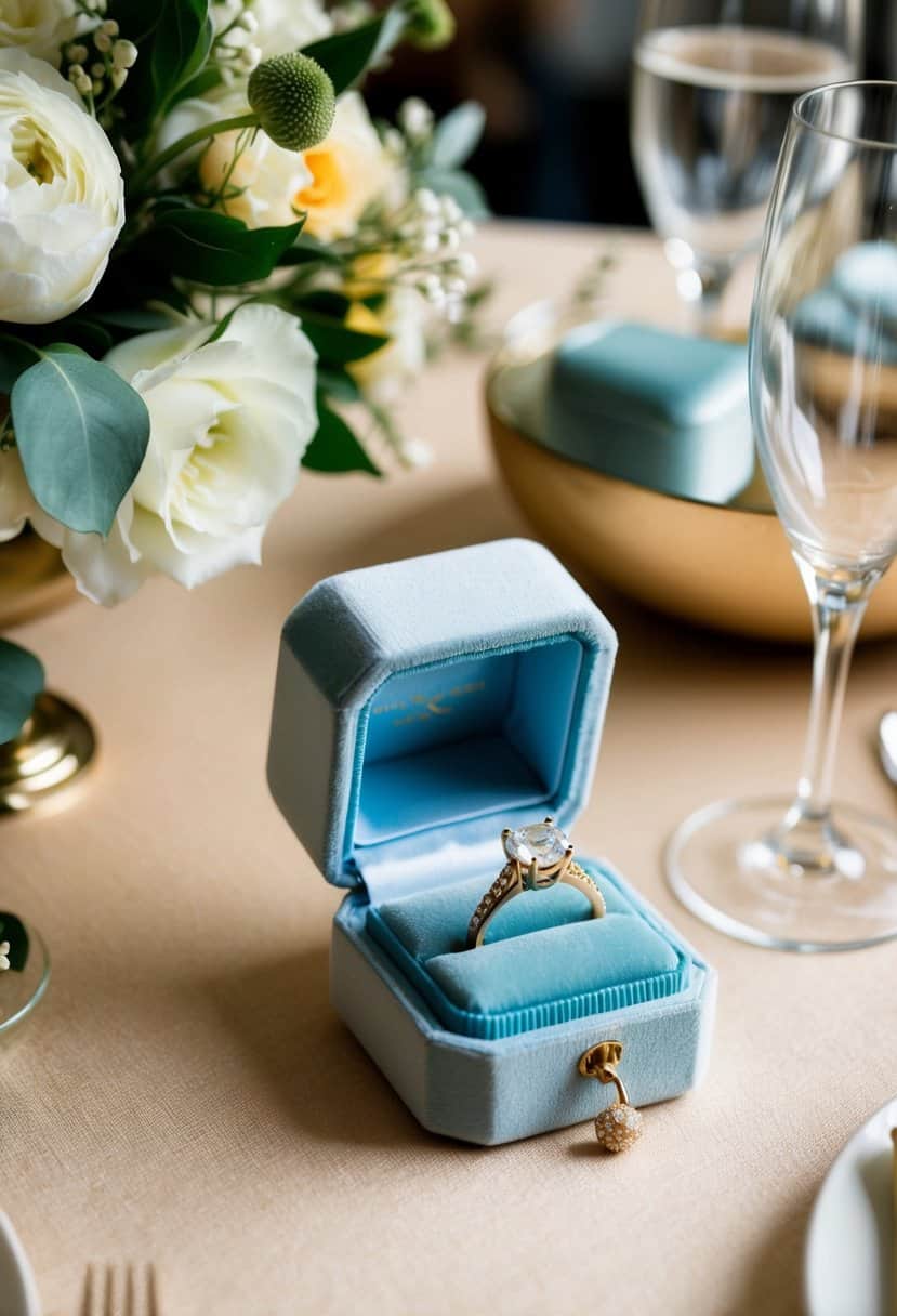 A powder blue velvet ring box sits on a champagne-colored table surrounded by wedding decor and flowers