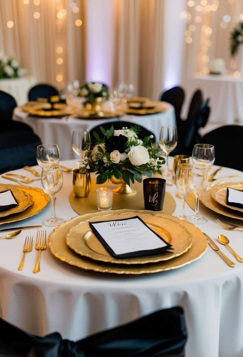 A gold leaf table adorned with black and gold wedding decor