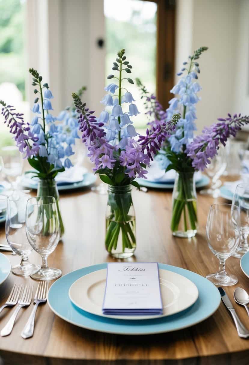 A table set with light blue and purple Bluebell flower centerpieces for a wedding
