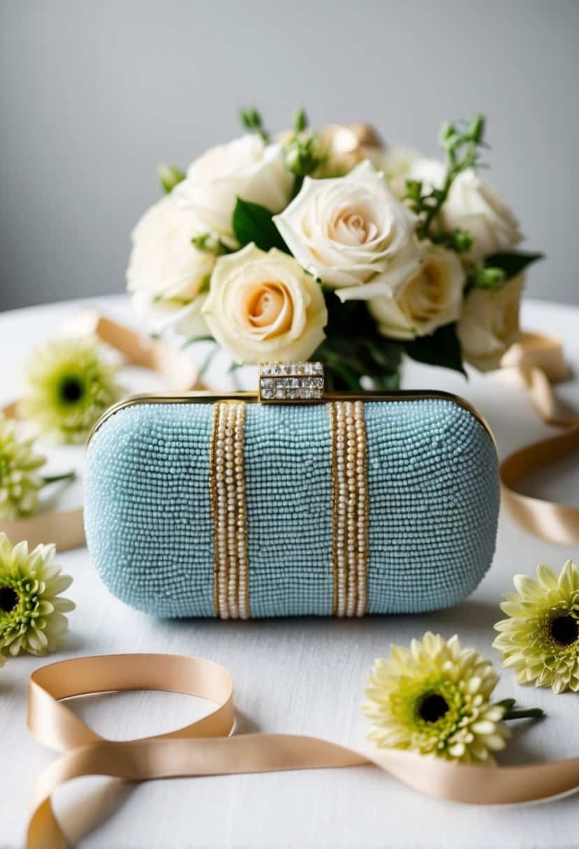 A powder blue and champagne beaded clutch sits on a table, surrounded by champagne-colored flowers and ribbons