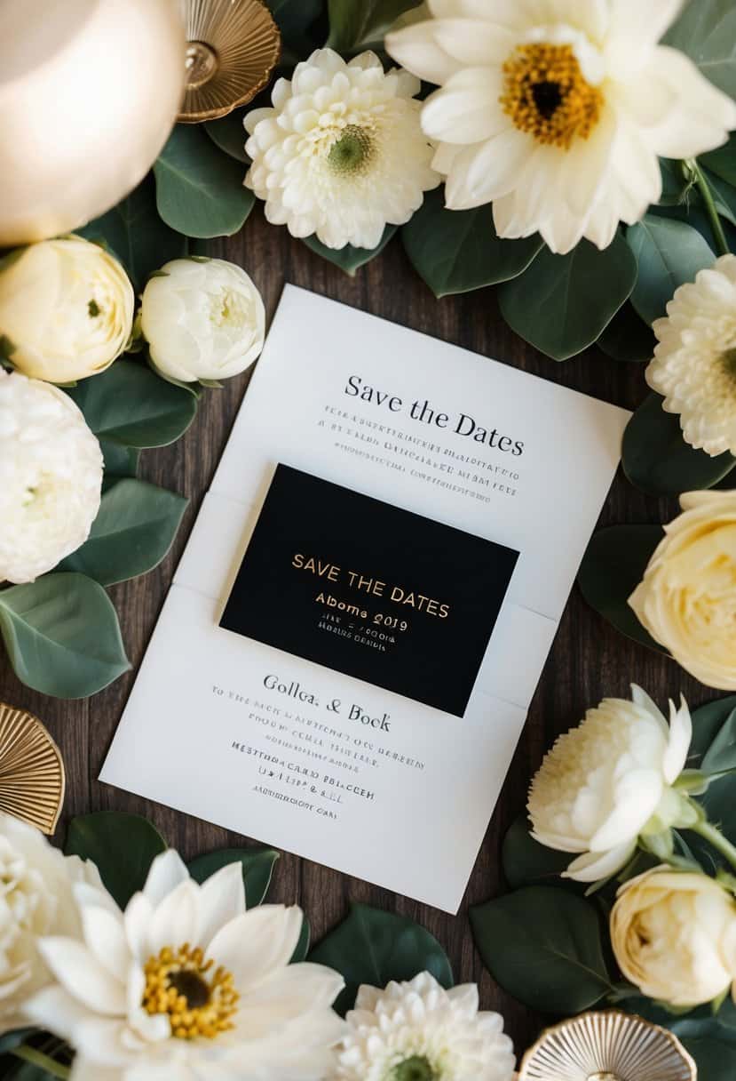 A black and gold Save the Dates card surrounded by elegant wedding decor and flowers