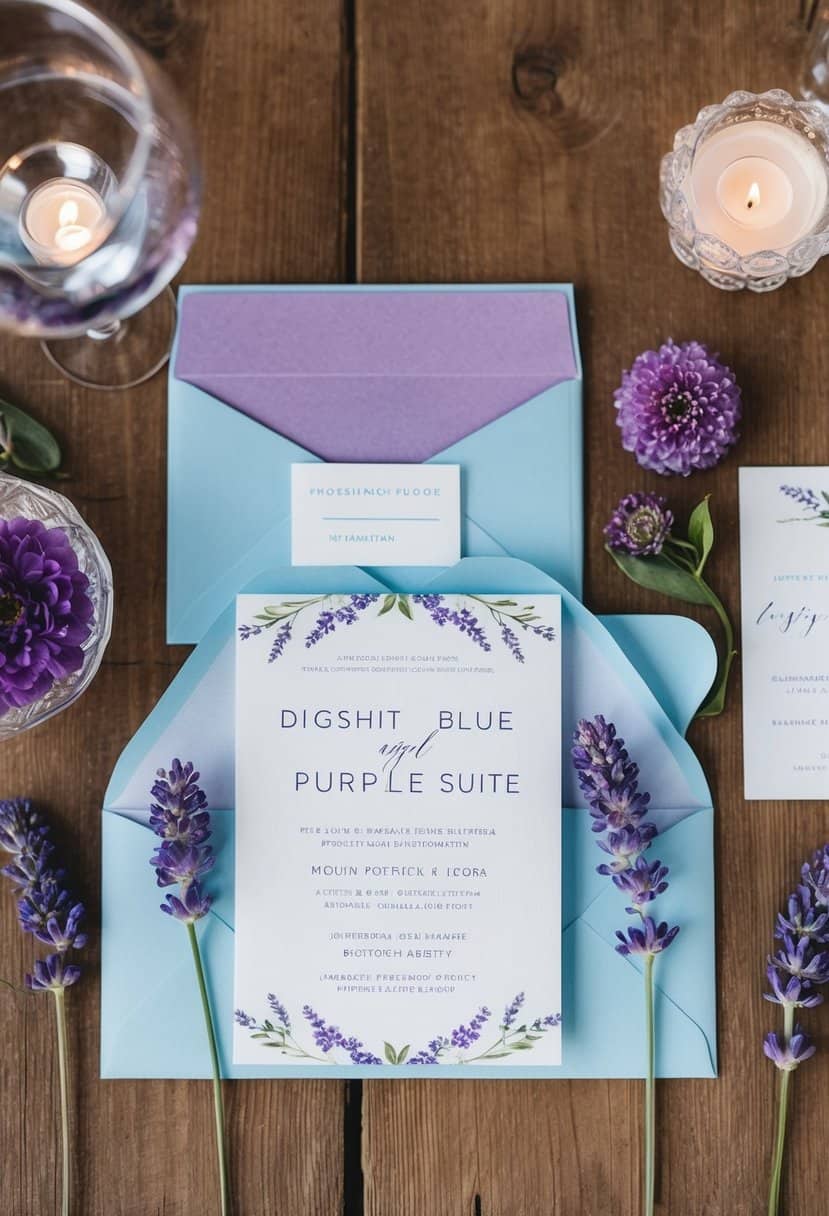 A light blue and purple wedding invitation suite featuring lavender flowers and delicate details