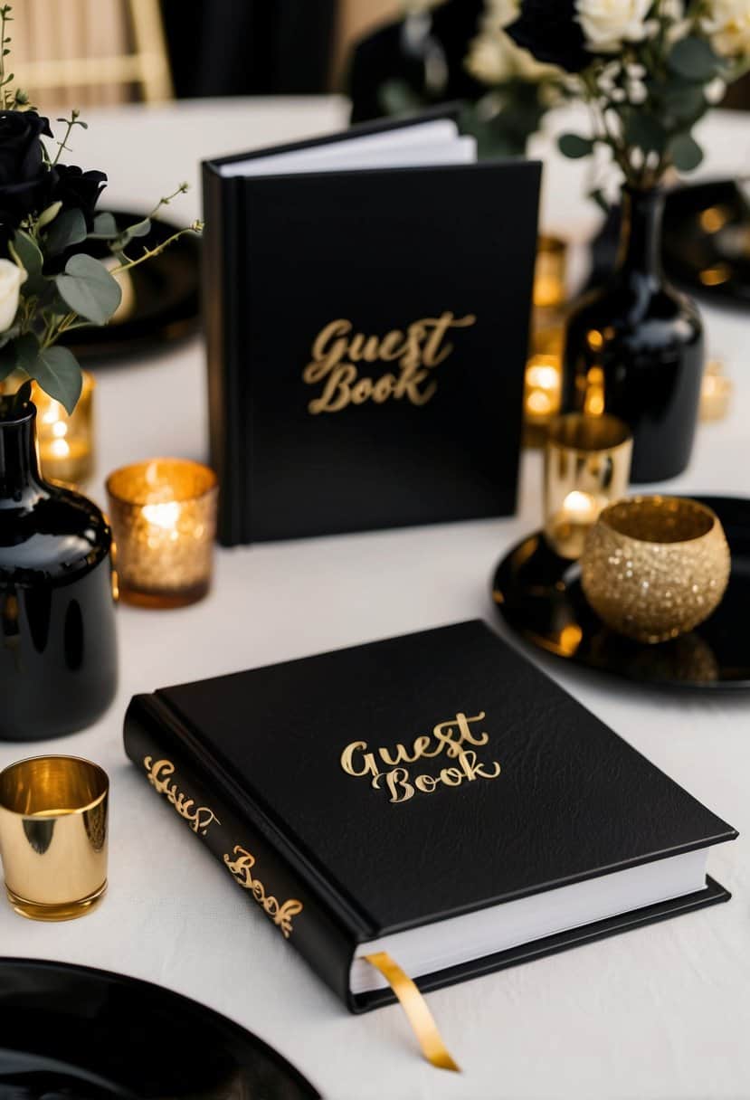 A black guest book with gold foil accents sits open on a table, surrounded by elegant black and gold wedding decor
