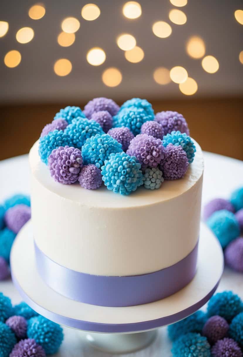 Light blue and purple periwinkle cake decorations arranged on a white wedding cake