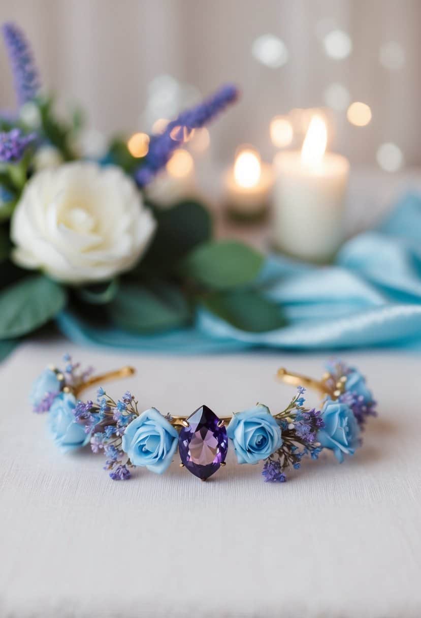 A delicate amethyst hairpiece adorned with light blue and purple flowers, set against a backdrop of a romantic wedding setting