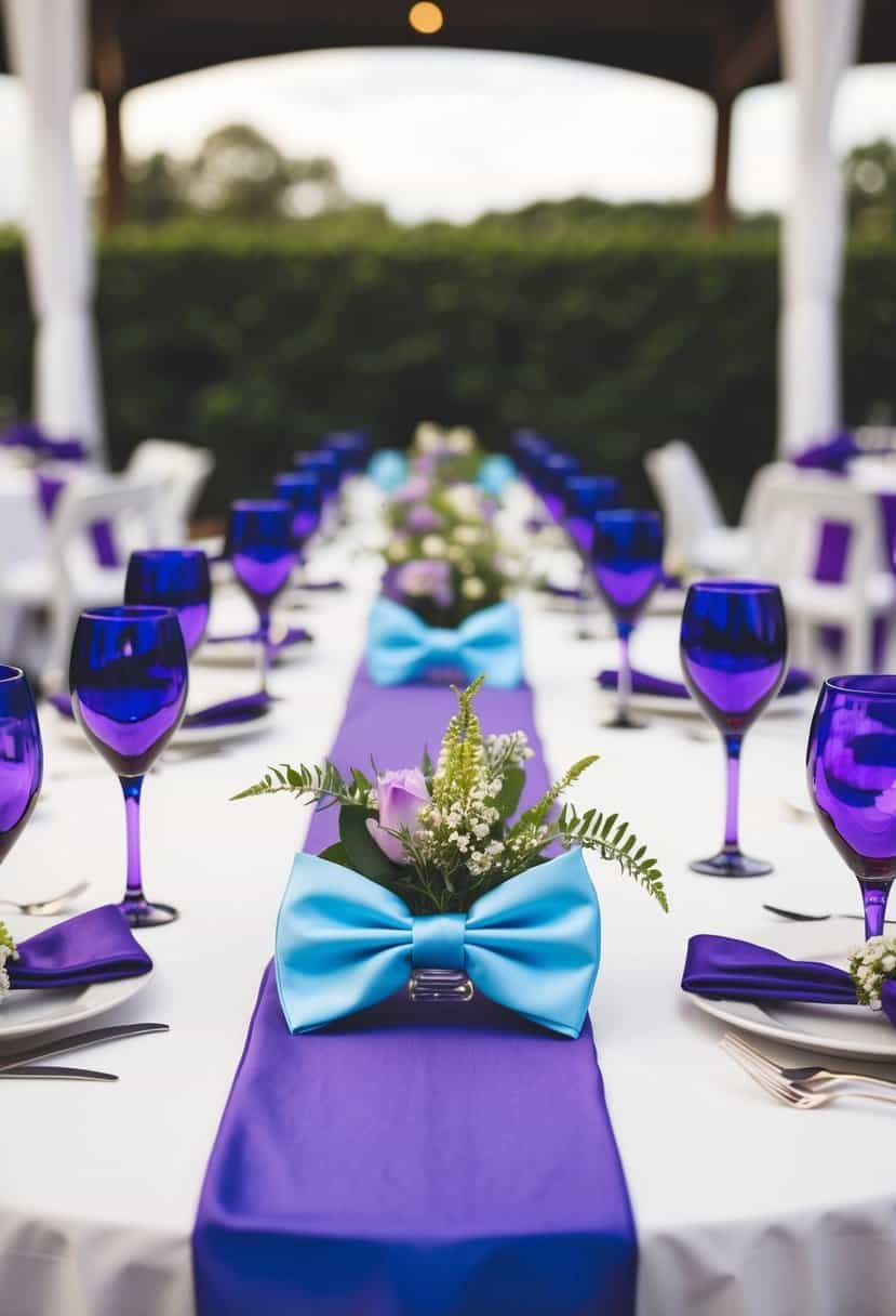 A wedding table adorned with cornflower blue bowties and purple accents
