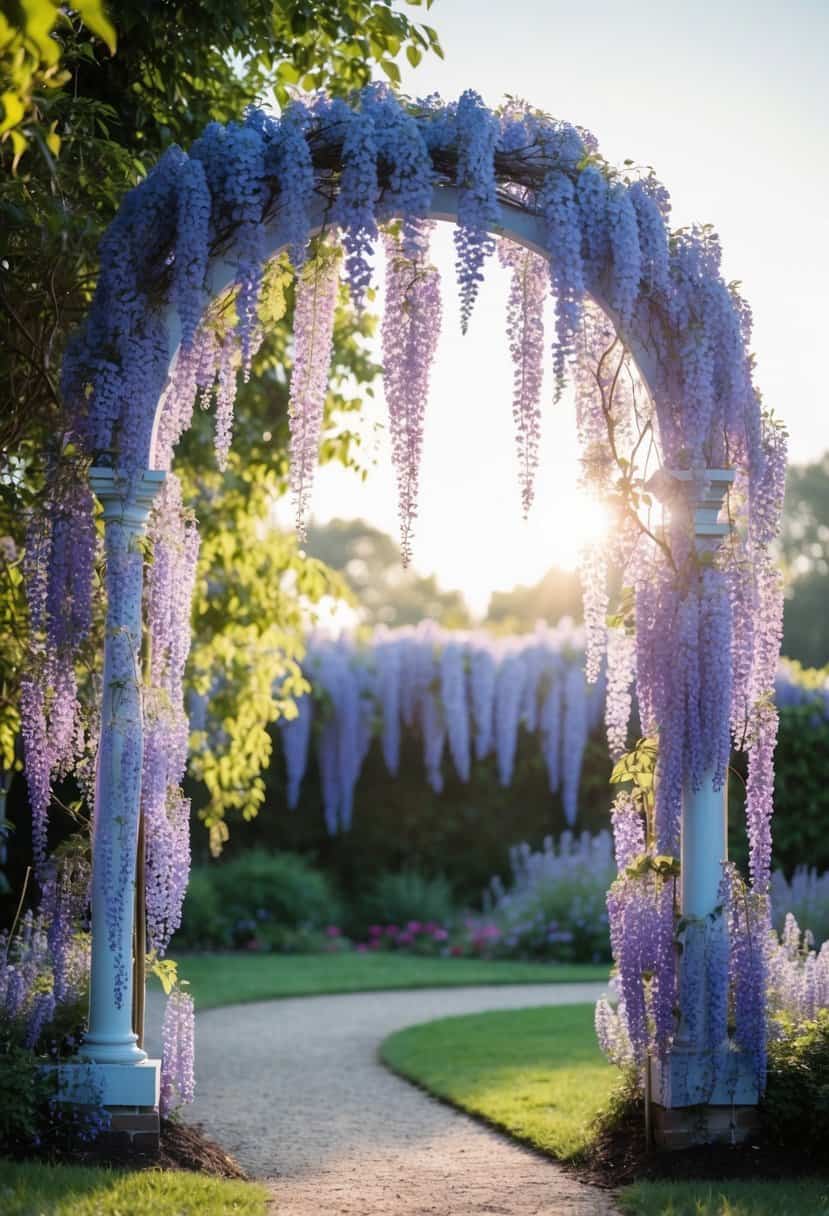 A light blue and purple wisteria-covered arch stands in a garden, with sunlight filtering through the flowers creating a dreamy atmosphere