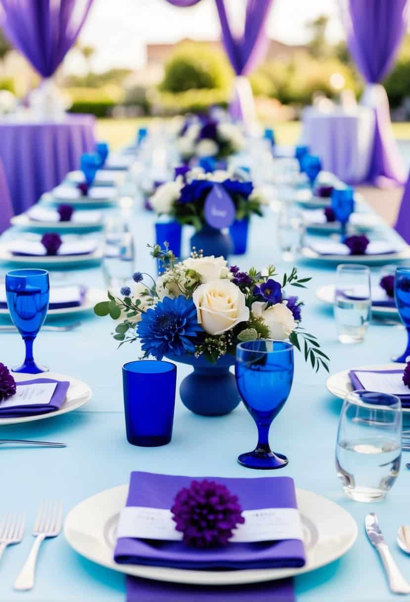 A light blue and purple wedding table adorned with indigo wedding favors and floral decorations