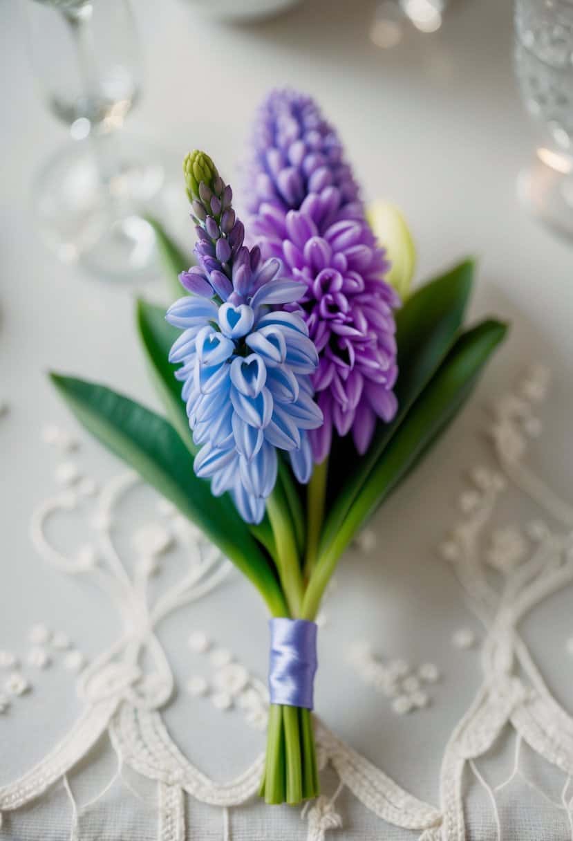 A light blue and purple Hyacinth Boutonniere arranged in a delicate wedding setting