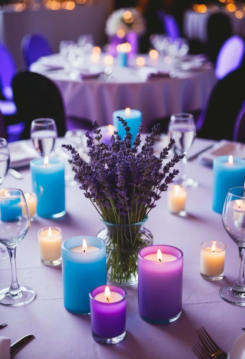 A table adorned with lavender scented candles in light blue and purple hues, casting a soft, romantic glow at a wedding reception