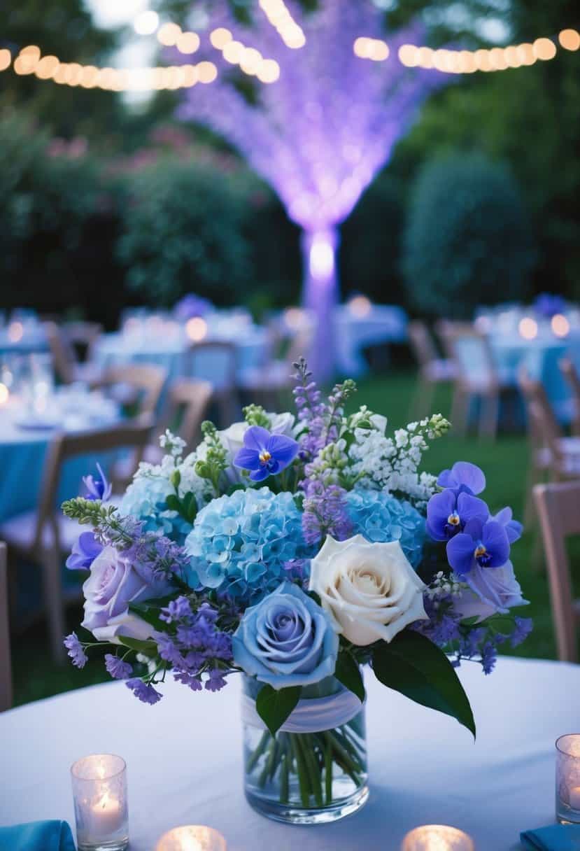 A serene garden wedding with light blue and purple flowers, illuminated by violet uplighting, creating a dreamy and romantic atmosphere