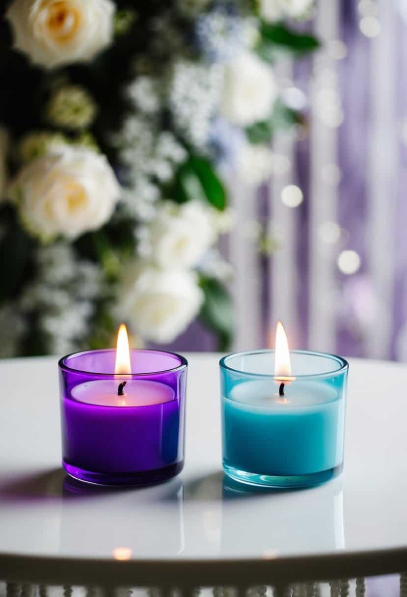 Two tealight candle holders, one light blue and the other purple, sitting on a white table against a backdrop of wedding decor