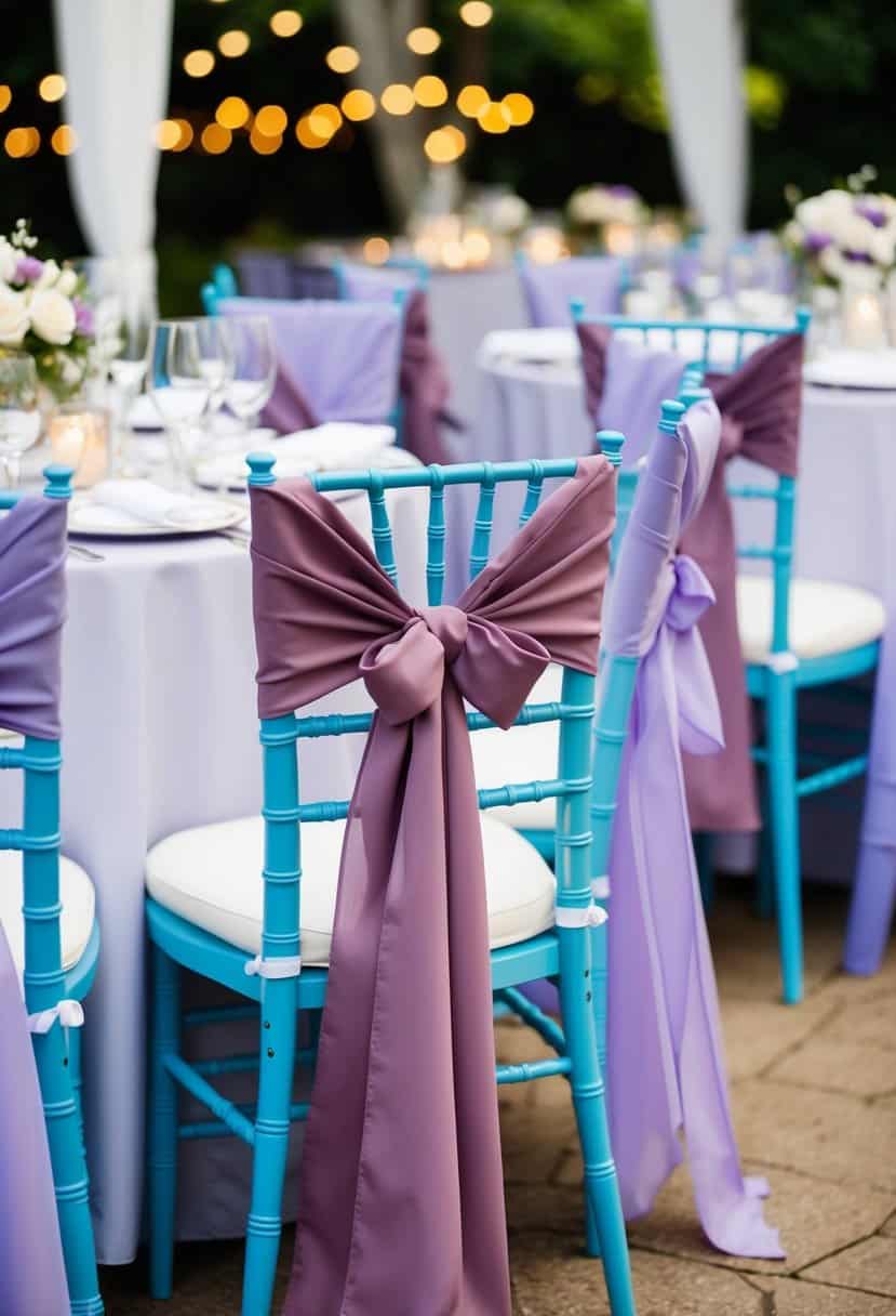 Mauve chair sashes draped over light blue and purple chairs at a wedding reception