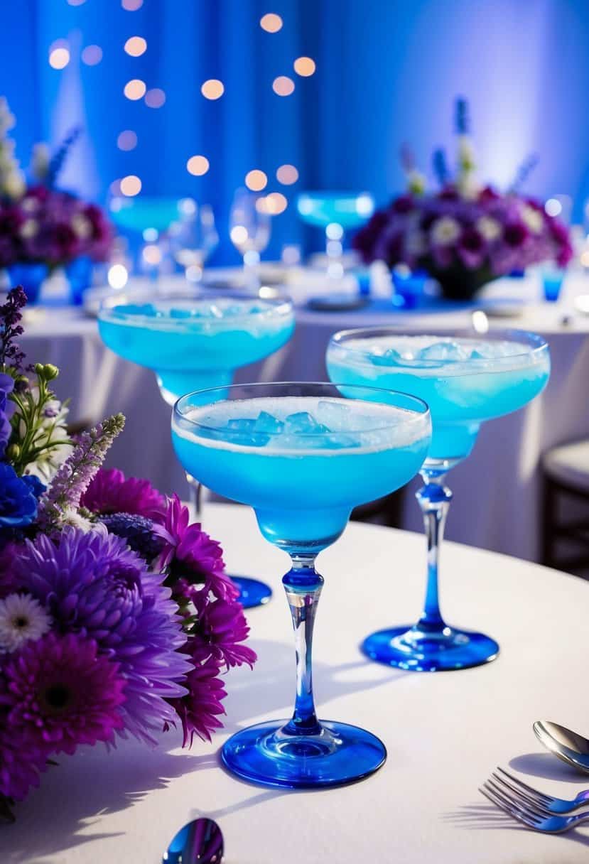 A table with ice blue cocktail drinks in elegant glassware, surrounded by purple floral centerpieces and soft blue lighting