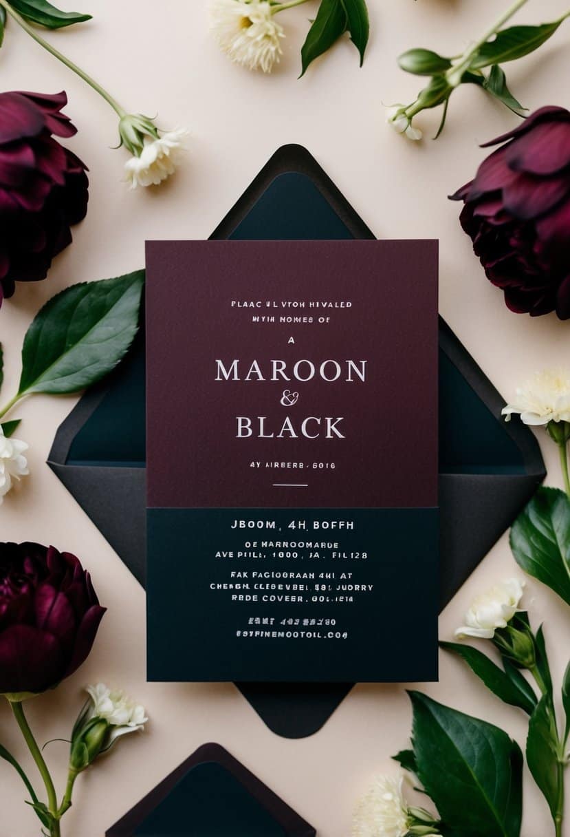 A maroon and black wedding invitation suite with elegant floral motifs and sleek, modern typography