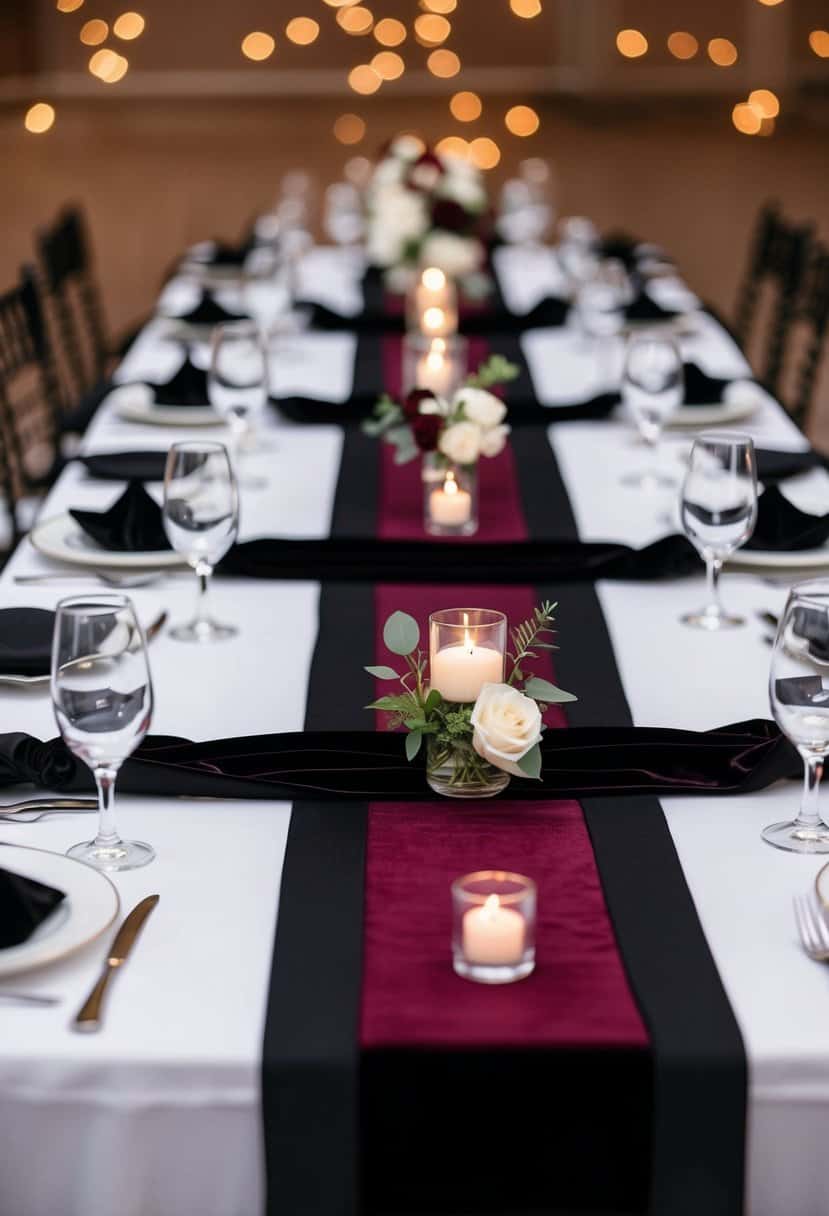 A maroon and black wedding table adorned with black velvet table runners