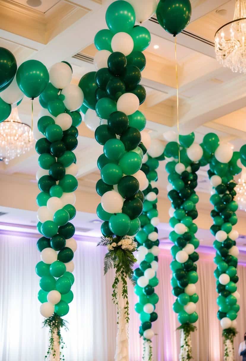 Emerald green and white balloon garlands cascading from the ceiling, adorning a wedding reception with elegant color accents