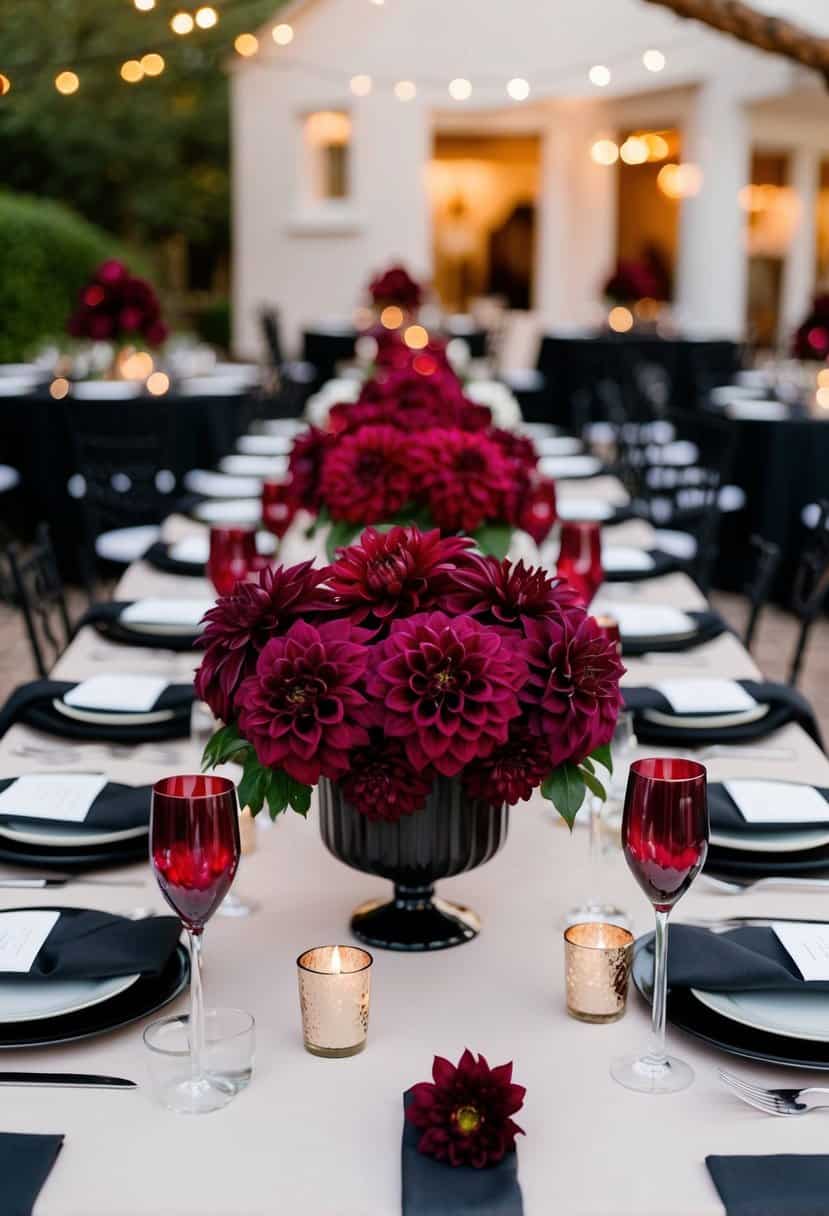 A table adorned with maroon dahlias as centerpieces for a black and maroon themed wedding