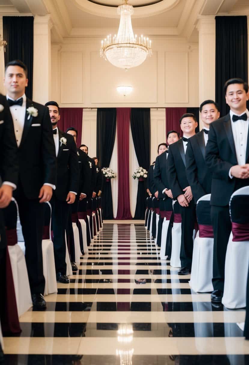 A grand ballroom with black and maroon tuxedos lining the walls, set against a backdrop of maroon and black wedding decor