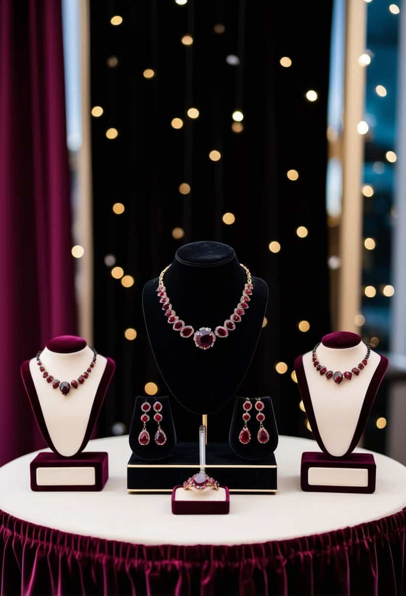 A maroon and black wedding theme featuring garnet gemstone jewelry displayed on a velvet backdrop
