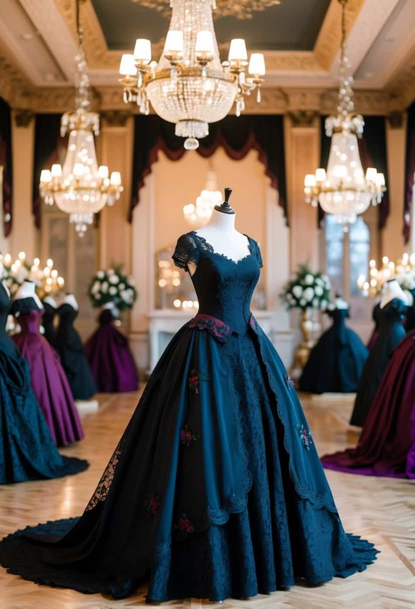 A lavish Victorian ballroom with elegant black lace gowns, adorned with maroon and black accents, set against ornate decor and chandeliers