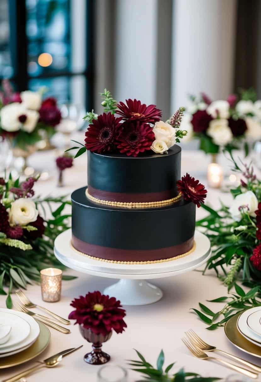 A maroon and black layered cake surrounded by coordinating floral arrangements and elegant table settings