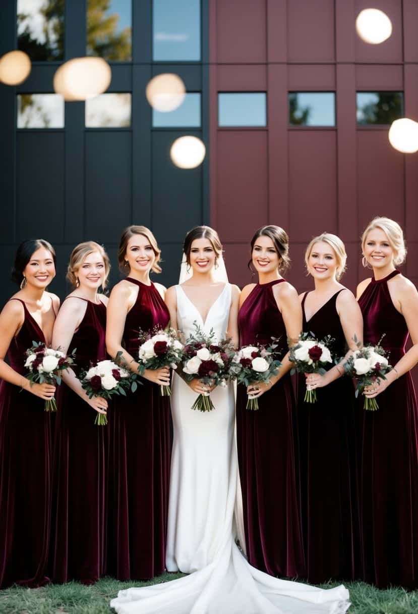 A group of burgundy velvet bridesmaid dresses arranged in front of a black and maroon color palette for a wedding