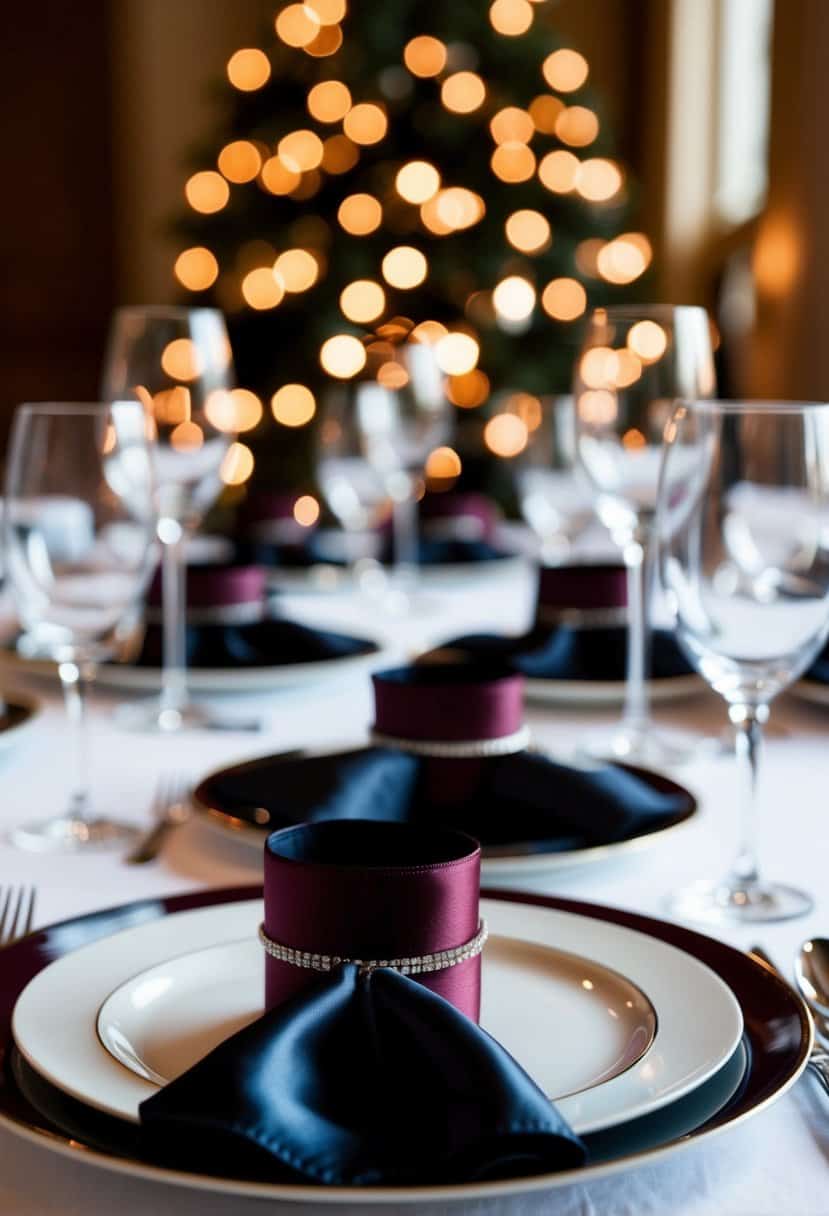 A table setting with maroon and black satin napkin rings