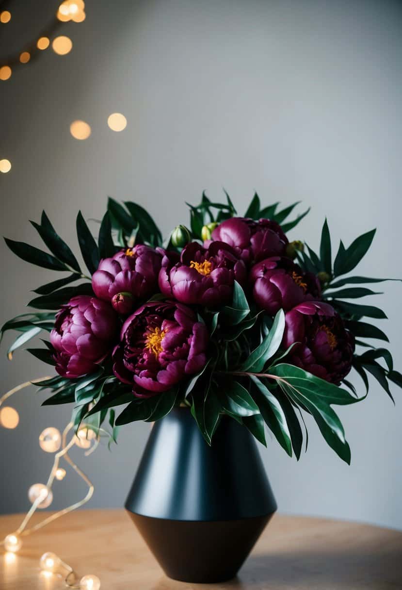 A lush bouquet of maroon peonies and black foliage arranged in a modern vase