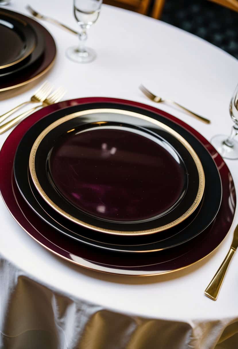 Maroon and black Onyx Charger Plates arranged on a white tablecloth