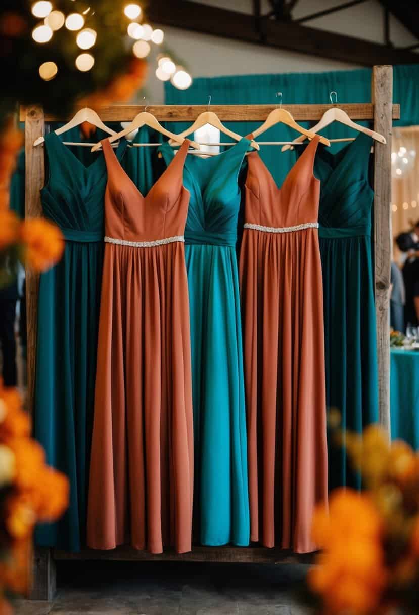 A group of terracotta and teal bridesmaid dresses hanging on a rustic wooden rack, surrounded by burnt orange and teal wedding decor