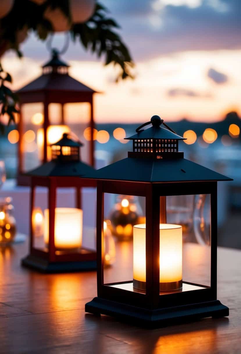 Crimson and ebony lanterns casting warm, moody light in a romantic wedding setting