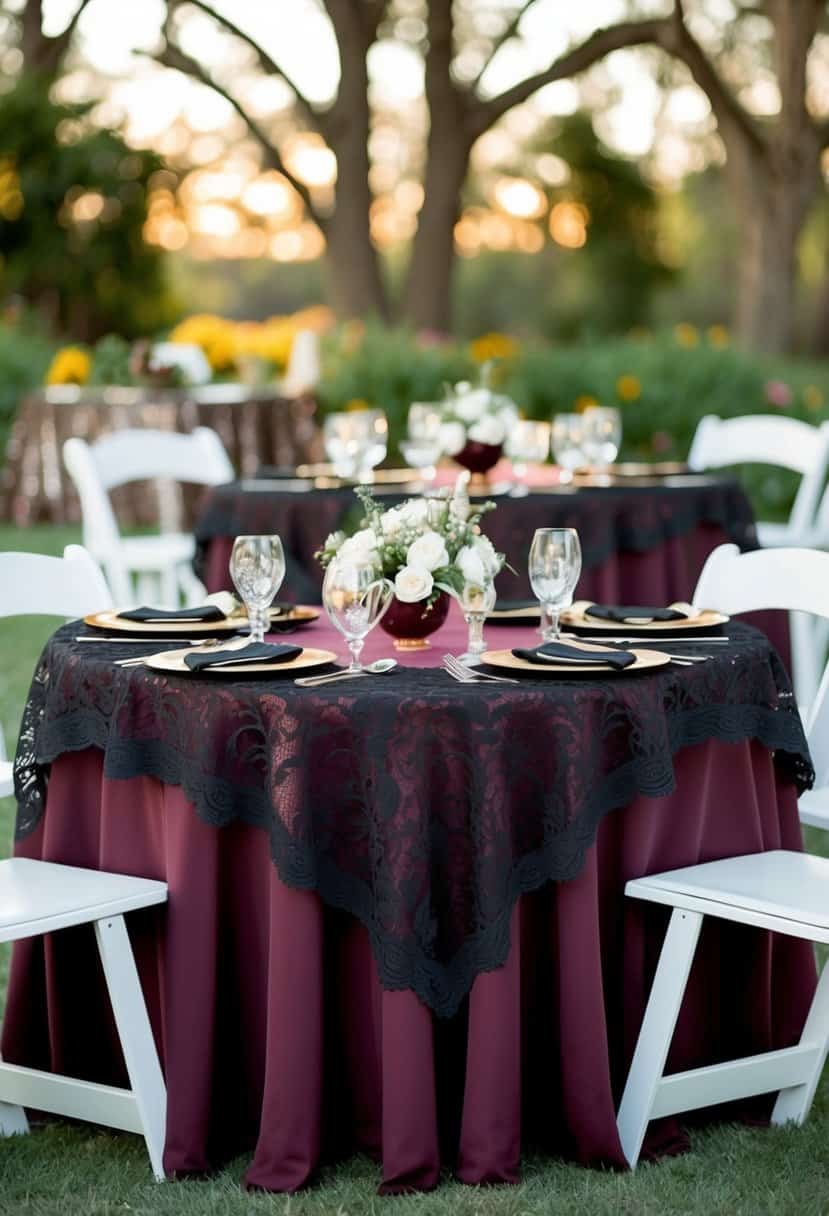 A maroon table with a black lace overlay, adorned with matching centerpieces and decor for a wedding
