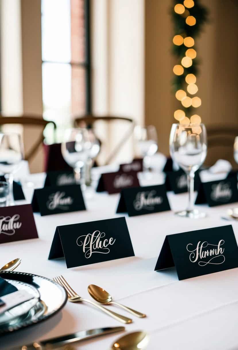 Maroon and black place cards arranged on a table with elegant calligraphy