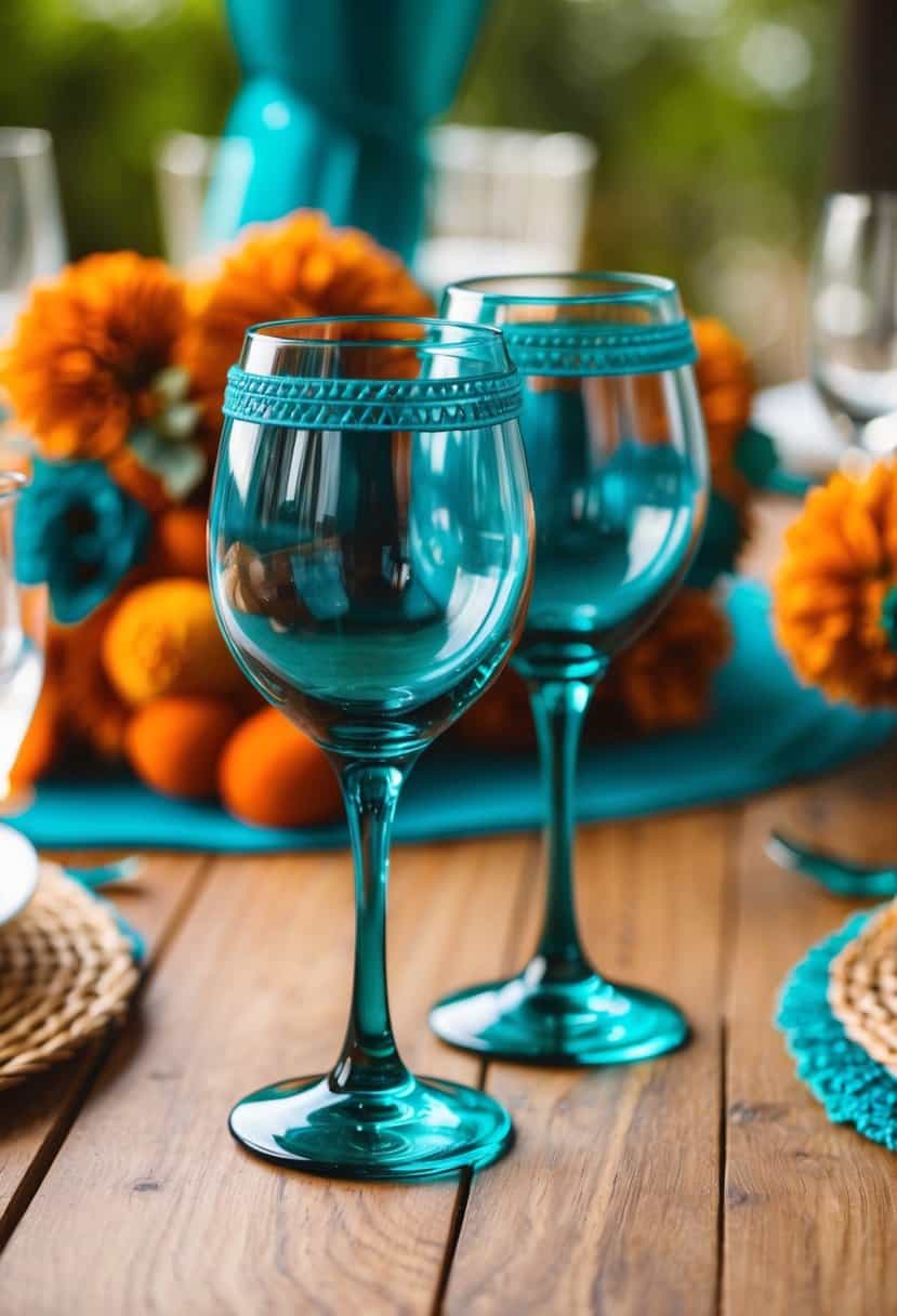 Two rustic teal wine glasses on a wooden table, surrounded by burnt orange and teal wedding decor