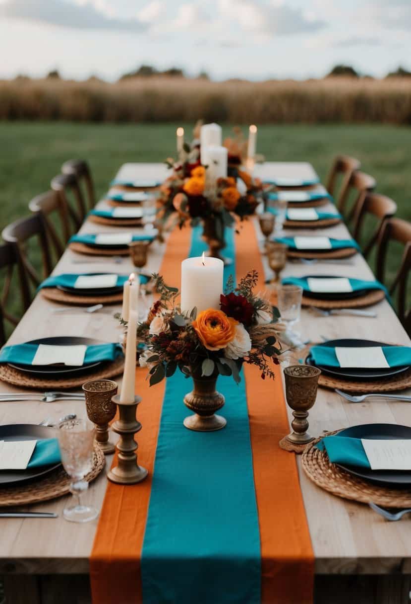 A bohemian-themed wedding table with burnt orange and teal table runners, adorned with rustic floral centerpieces and vintage candle holders