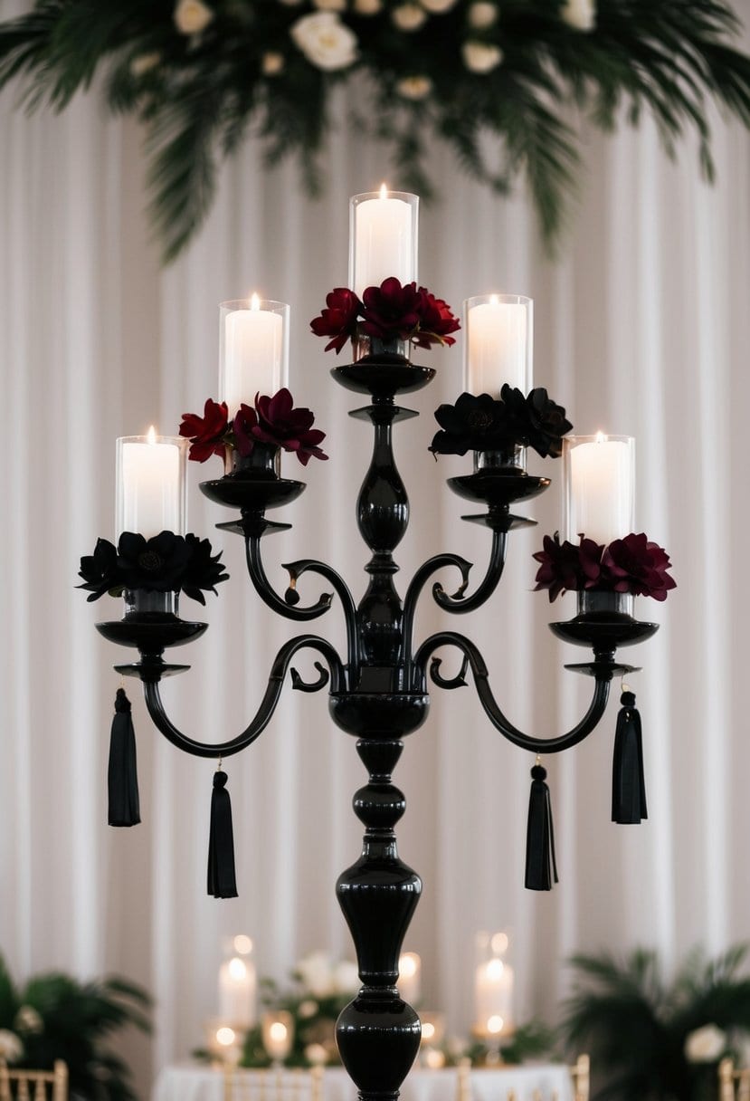 A black candelabra adorned with maroon and black flowers, set against a backdrop of elegant wedding decor