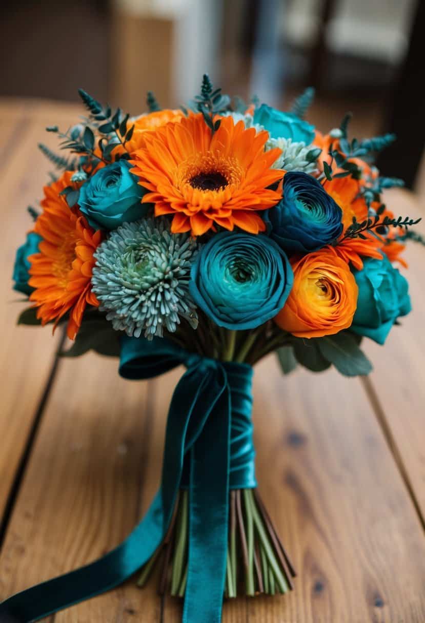 A burnt orange and teal wedding bouquet tied with a teal velvet ribbon
