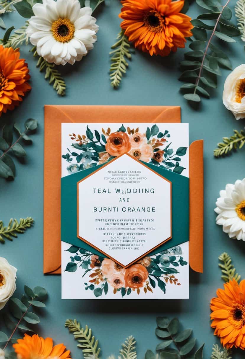 A teal and burnt orange wedding invitation surrounded by floral and foliage accents