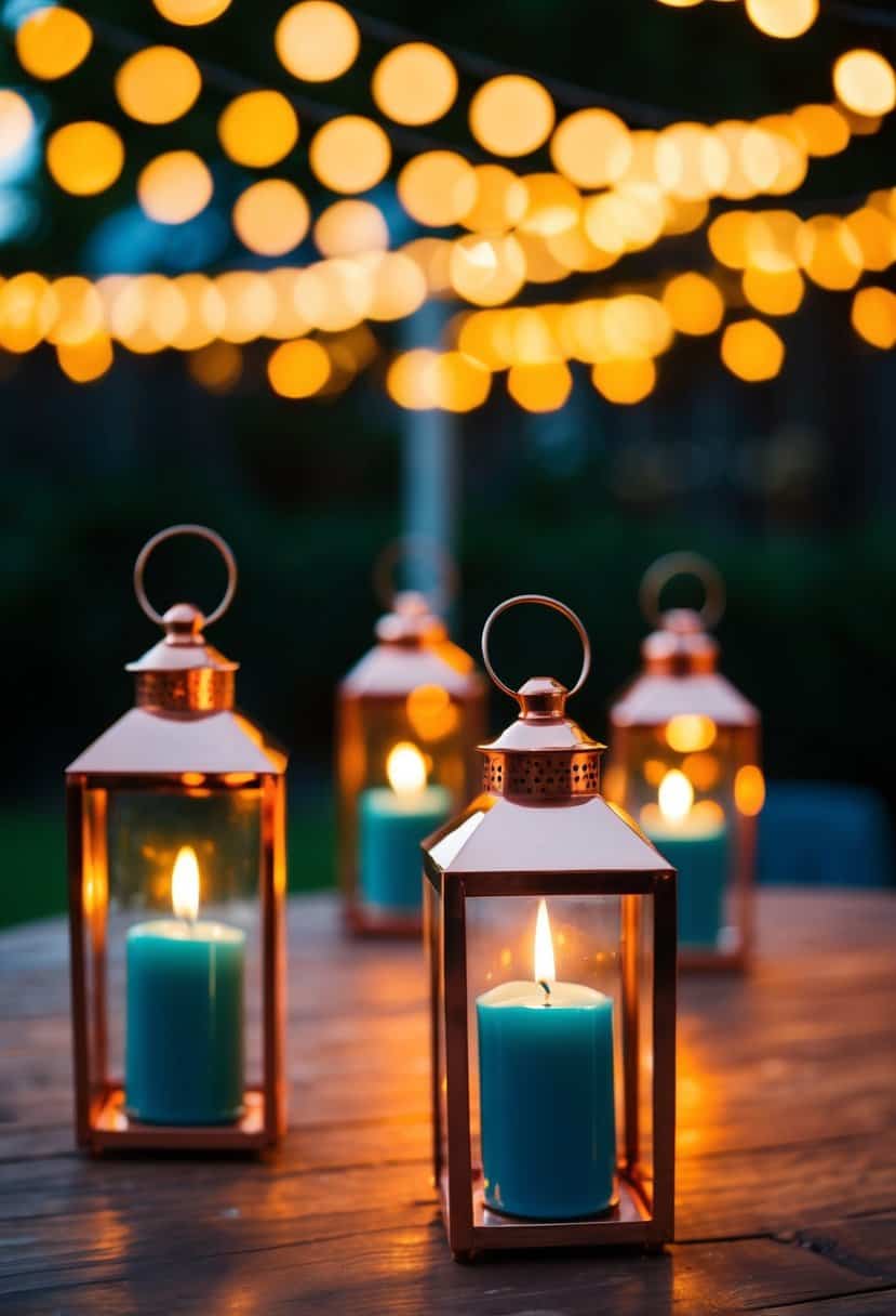 Copper lanterns with teal candles casting warm, flickering light