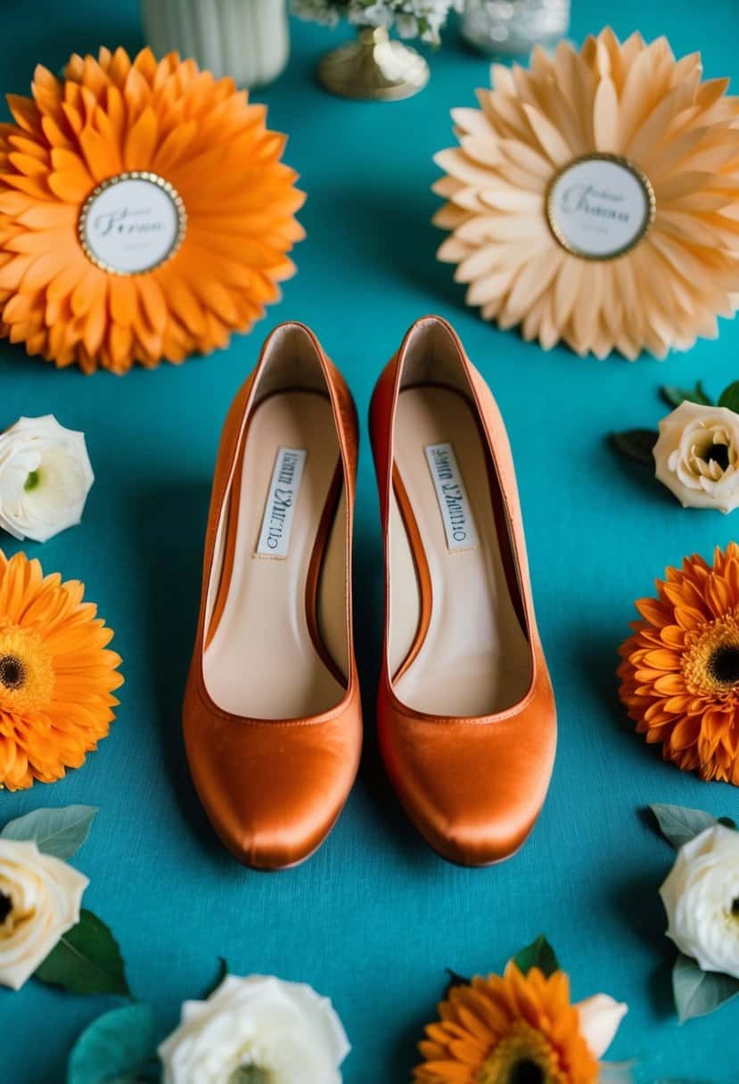 A pair of vintage burnt orange bridesmaid shoes sits on a teal colored background, surrounded by other wedding decor in coordinating colors