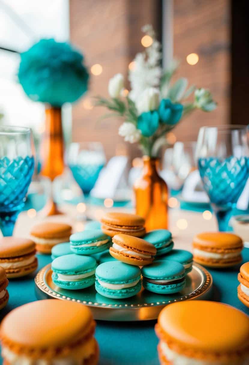 A table adorned with teal macaron wedding favors, surrounded by burnt orange and teal decor