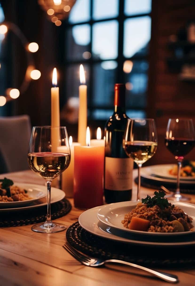A cozy table set with candles, wine, and a homemade meal