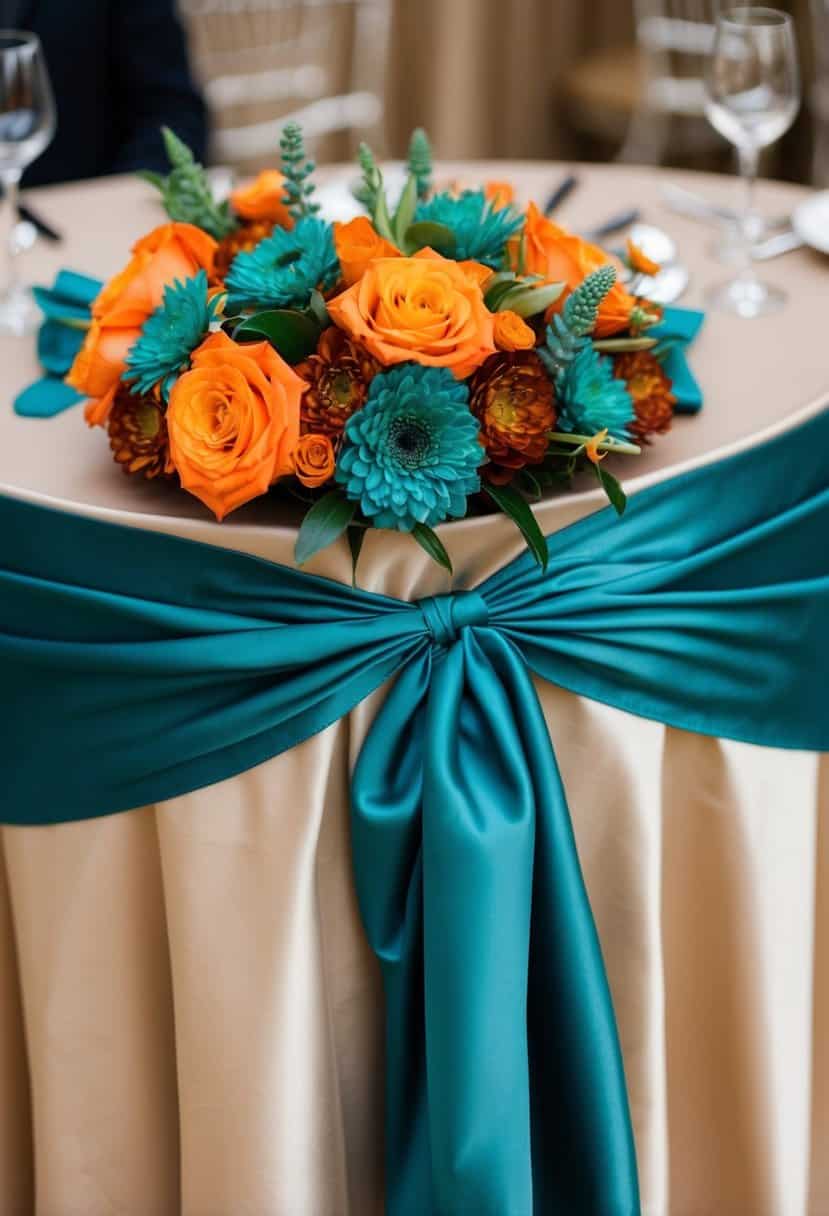 A teal silk wedding sash draped over a burnt orange and teal floral centerpiece