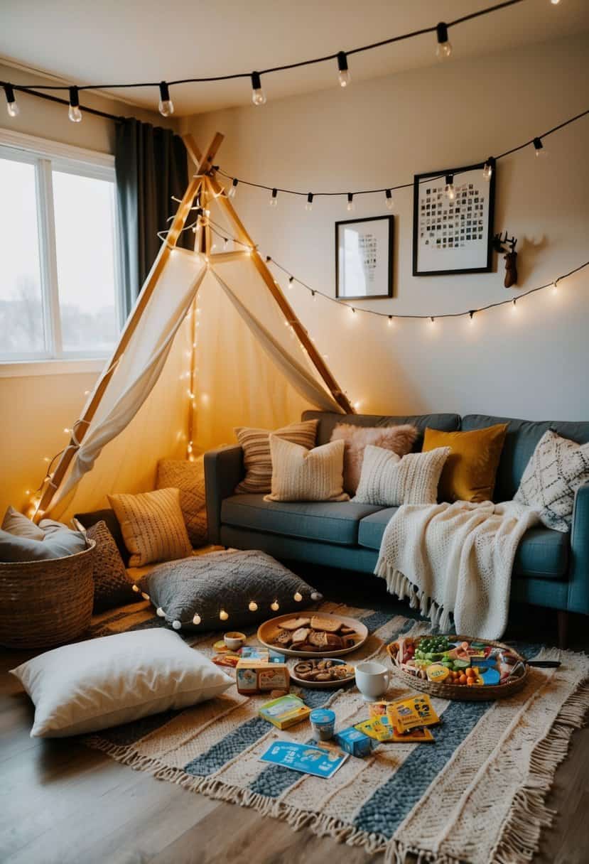 A cozy living room with a fort made of blankets and pillows, string lights, and a picnic spread with snacks and games
