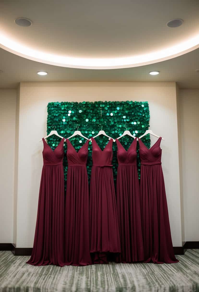 Burgundy bridesmaid dresses arranged with emerald green wedding decor